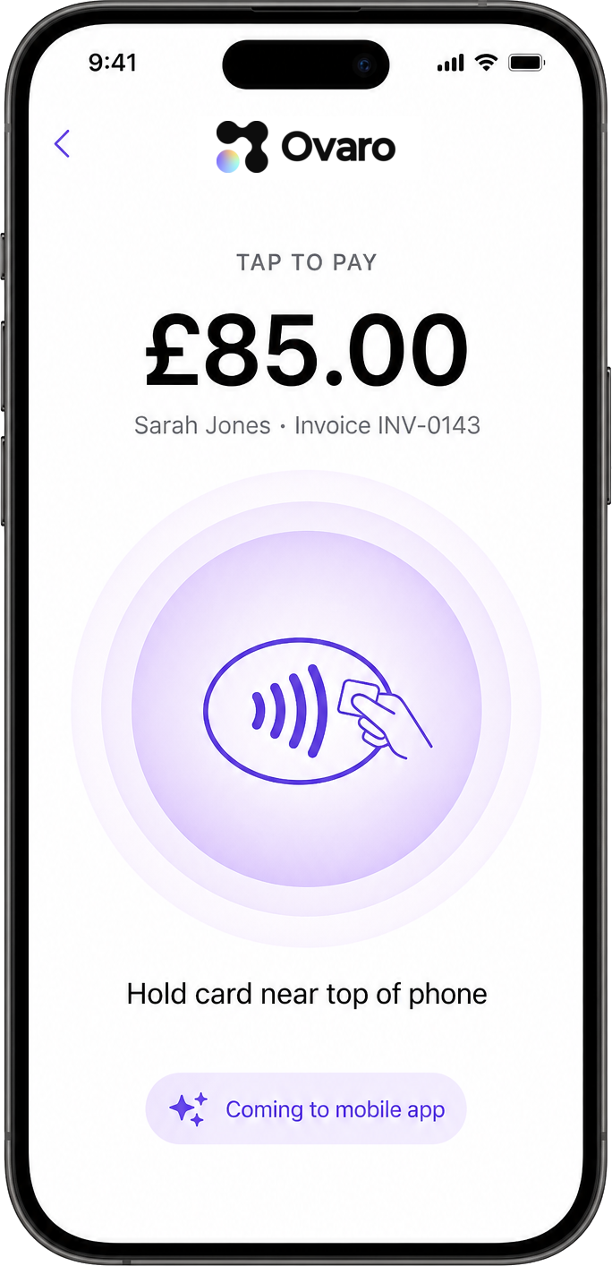 Ovaro Tap to Pay screen on iPhone, coming to the mobile app