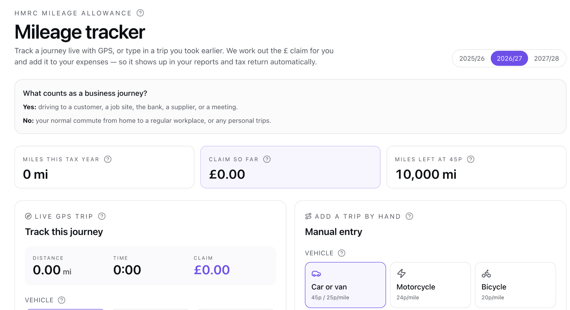 Ovaro Mileage tracker showing tax-year totals, live GPS trip and HMRC rates