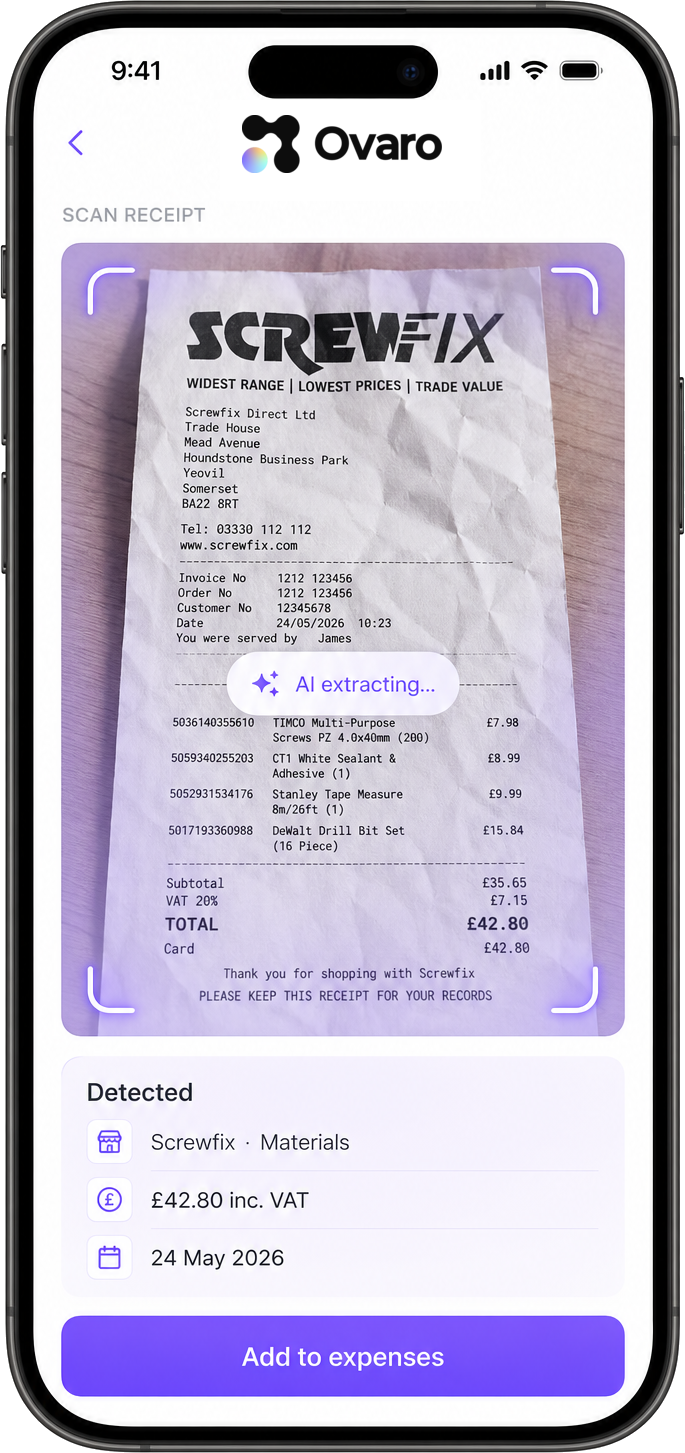 Ovaro mobile app scanning a paper receipt with AI extraction