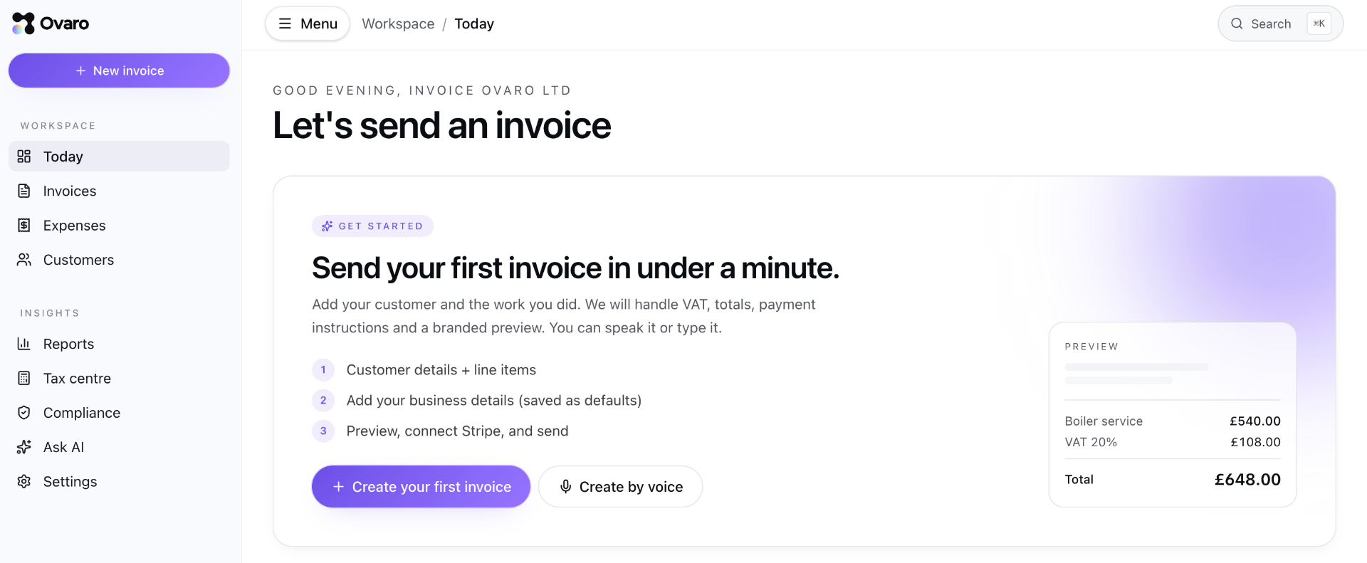 Ovaro Smart Create on desktop, drafting an invoice from a voice note